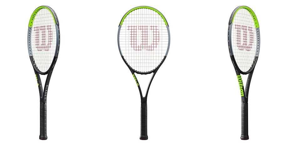 wilson blade 104 tennis racket from three angles